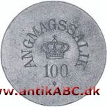 100 (øre) i zink fra Angmagssalik, handelsstation på Østgrønlands kyst, fra tiden 1894-1921