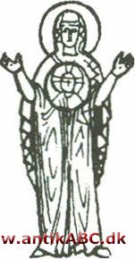 platytera (græsk større (end himlen)) bysantinsk madonnatype, stående med skive eller cirkel med Jesusbarnet foran sig