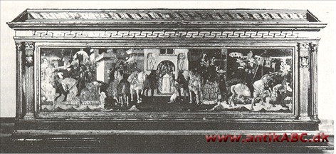 cassone Italiensk kiste fra den tidlige renæssance, ofte udsmykket med malerier, anvendt som sidde- og opbevaringsmøbel, i 1400-tallet forsynet cassone billeder