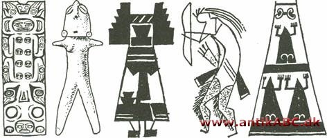 1. nordvest-indianere, 2. og 3. sydvest-indianere, 4. prærie-indianere, 5. urskovsindianere i Sydamerika