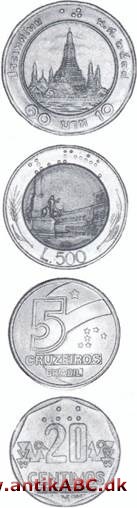  er kun brugt få gange som f.eks. på Italiens 500 lire fra 1982 og frem. Desuden findes det på mexikanske mønter fra 1984, brasilienske fra 1988 ...