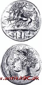 Antik græsk 10 drakme sølvmønt. De første blev præget i Athen mellem 490 og 468 f.Kr.