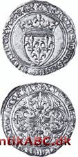 Fransk guldmønt benævnt ecu eller denier d'or a l'ecu indført 1266 under Ludvig IX (den Hellige)