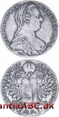 er en østrigsk dalermønt præget efter konventionsmøntfoden med portræt af kejserinde Maria Theresia (1740-1780) på forsiden