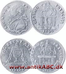 Forskellige typer regnepennige/spillemønter fra 1700-tallets slutning. Regnepenninge brugtes i ældre tid til »regning på linie« med et regnebrædt (abacus)
