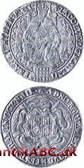 En engelsk guldmønt, som blev præget under Jakob I, der regerede 1603-1625, den vejer 13,83 g.