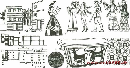 Kretas kunst, kun kendt fra udgravninger; paladsruiner, vægmalerier med tyrekampbilleder, teknisk fremragende keramik med naturnær, havinspireret dekoration
