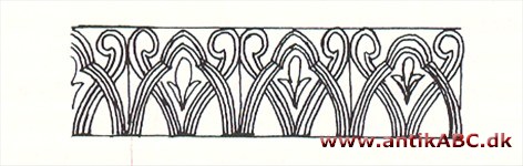 kyma , kymation, frise med stiliserede bladformer; 1. dorisk med konkav profil, 2. jonisk med konveks = æggestav, 3. lesbisk med konveks-konkav profil