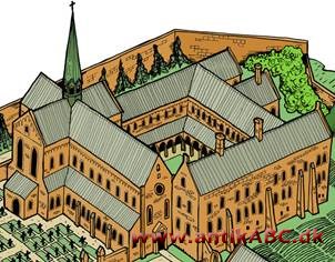 kloster; bolig for munke eller nonnesamfund; ofte bygningskompleks med klosterkirke, klostergård med korsgang,  kapitelsal, refektorium og dormitorium