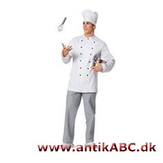 kokkedragt, traditionelt hvid og med ejendommelig høj, rund hue, og småternede bukser