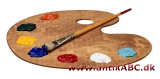 palet (latin lille spade) oval eller håndrigtig træplade, malere blander deres farver på;