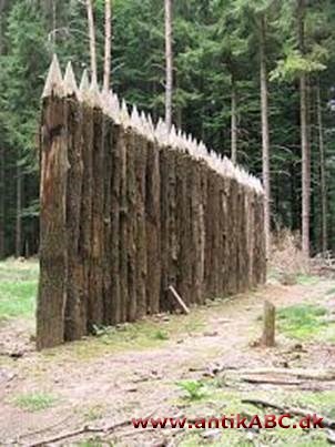 pali'sade (af latin palus, pæl) skanseværk af foroven tilspidsede pæle nedgravet i jorden