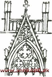 wimperg, i gotisk arkitektur en spids, gennembrudt gavl over portal eller vindue