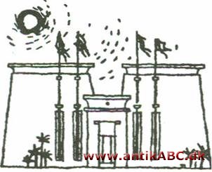 pylon (græsk port) tårn i form af afstumpet pyramide flankerende begge sider af indgang til ægyptisk tempel