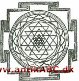 schri-yantra  (indisk) symbol; de 4 opretstående trekanter mands-, de 5 nedadvendte kvindesymboler