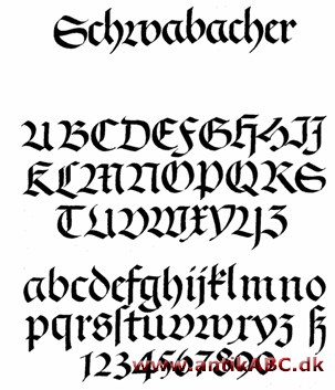 Schwabacher (efter byen Schwabacher i Tyskland) en bred gotisk skrifttype
