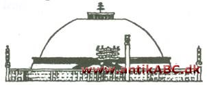 stupa (af dhatugarbha, relikviegemme) buddhistisk kultbygning i Indien og Bagindien, halvkuglekuppel symboliserende gravhøj med kasseagtig overbygning