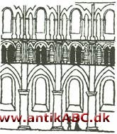 triforium (af latin tres, tre og foris, dør) tredelt bueåbning; i kirkegalleri over midtskibets buer